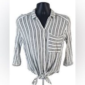 VIXBE Womens Button Down Shirt ¾ Sleeve Striped front  tie White Black Rayon M